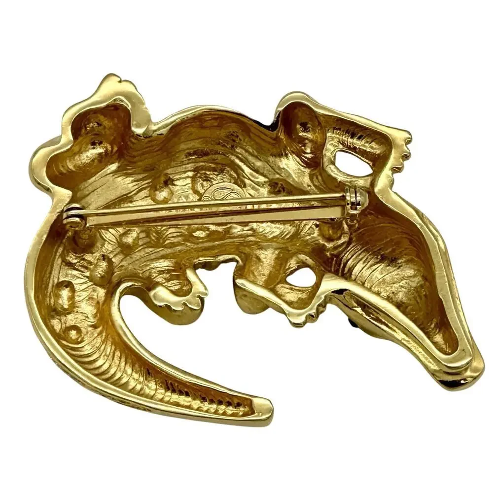 Vintage St John Gold Tone Alligator Brooch Pin With Black Enamel Accents Signed